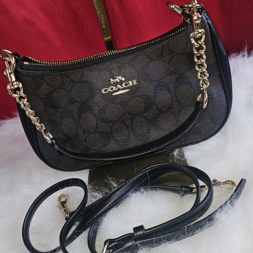 Coach Teri  2 Way Signature  Shoulder Bag with Monogram Pattern Dark Brown - Picture 3 of 8